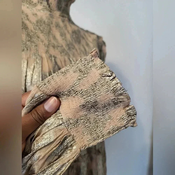 Elan Floral Metallic Mock Neck Smocked Tiered Long Sleeve Mini Dress(M)NWT - Picture 6 of 9